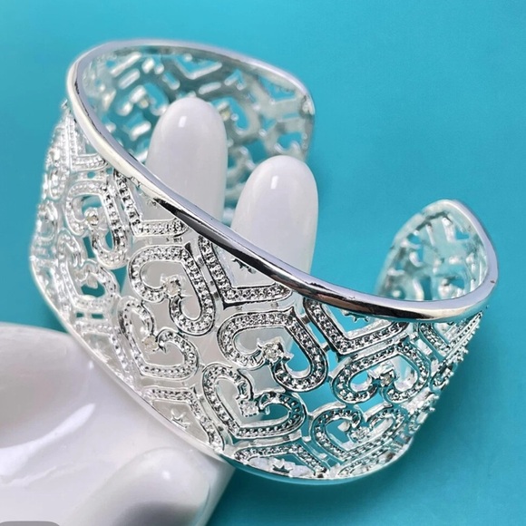 Boho Sterling Silver Zirconia Heart Wide Cuff Bangle Bracelet - Picture 2 of 9